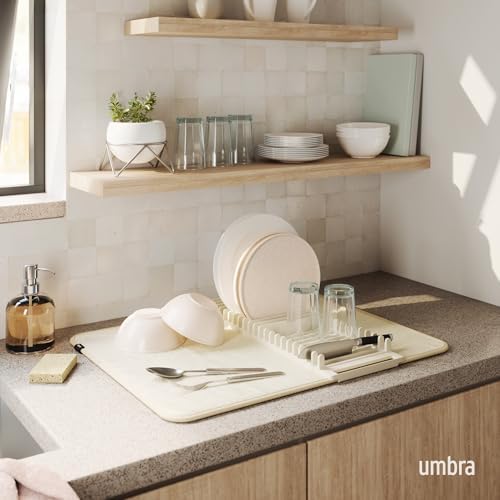 Udry Dish Drying Rack with Mat, Folds Flat for Storage, Linen