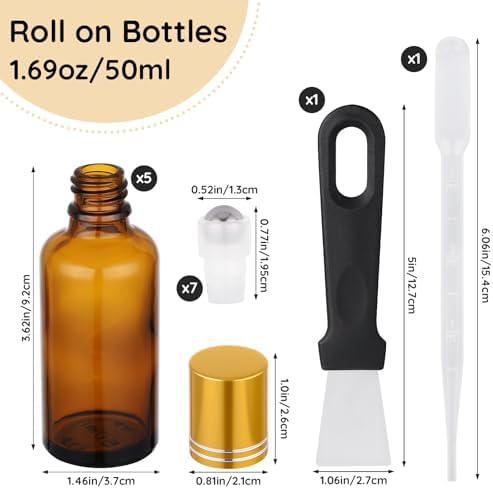 Segbeauty 1.7oz Thick Glass Amber Roller Bottles for Essential Oils, 5pcs Travel Roll On Perfume Bottles, 50ml Refillable Roller Ball Applicator for Eye Essence, Empty Rollerball Bottle for Castor Oil - Image 3