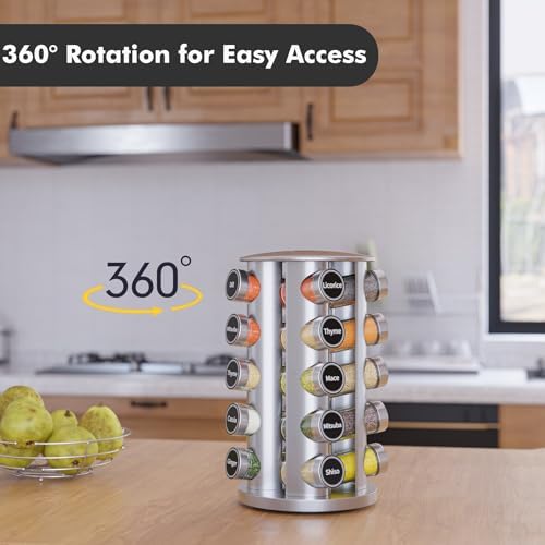 Revolving Spice Rack Set with 20 Spice Jars, Kitchen Spice Tower Organizer for Countertop or Cabinet - Carousel Storage Includes 386 Spice Labels (Silver)