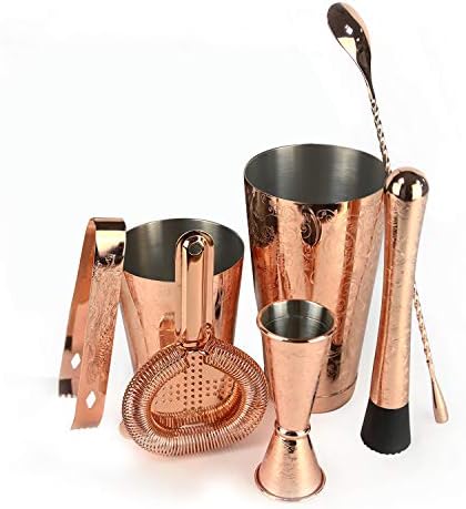 Bartender Kit Cocktail Shaker Set-6 Pieces Stainless Steel Copper Plated Etching Bar Tools with Boston Shaker Tins,Mixing Spoon,Mojito Muddler,Jigger,Hawthorne Strainer,Ice Tongs