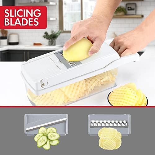 Vegetable Chopper Onion Cutter, 12 in 1 Professional Mandoline Slicer for Kitchen, Multifunctional Food Chopper for Potato, Tomato, Veggie with Strainer Basket, 8 Blades, White