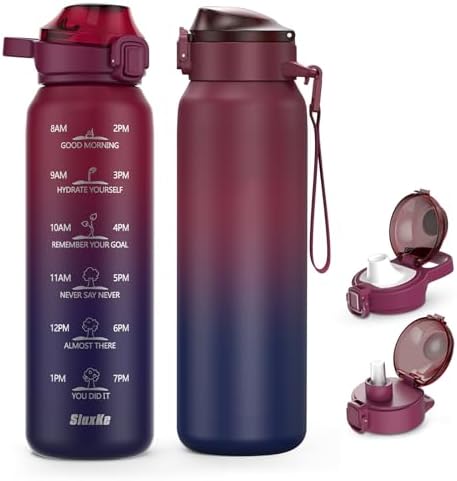 Insulated Water Bottle 32oz with 2Lids(Straw Lid & Spout Lid), 1L Double Walled Water Bottle with Time Marker, 1000ml Stainless Steel Metal Flask for Fitness, Gym and Outdoor RED BLACK