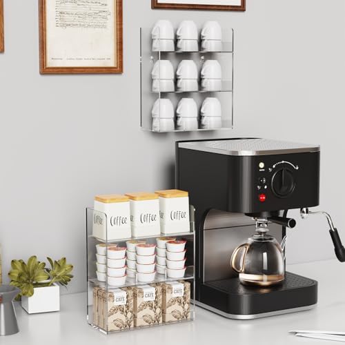 Acrylic Tea Bag Organizer, 3 Layers Tea Bag Holder for Tea Packets, No Assembly Required, Wall Mount Display Tea Caddy for Countertop or Cabinet, 9 Slots, Clear