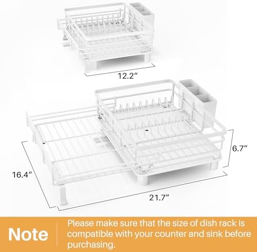 Expandable Dish Drying Rack for Kitchen Counter, Stainless Steel, White