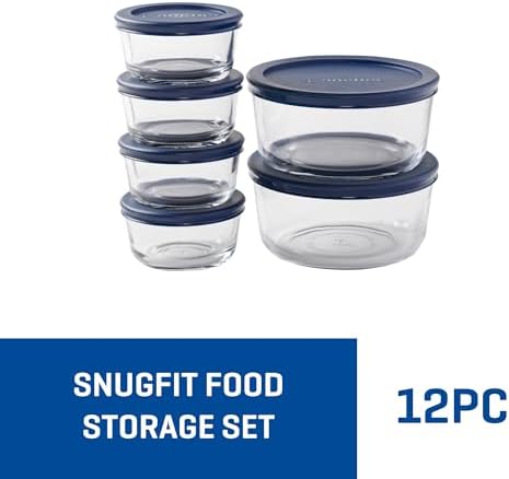 12 Piece Glass Storage Containers with Lids (6 Glass Food Storage Containers & 6 Navy Blue SnugFit Lids)