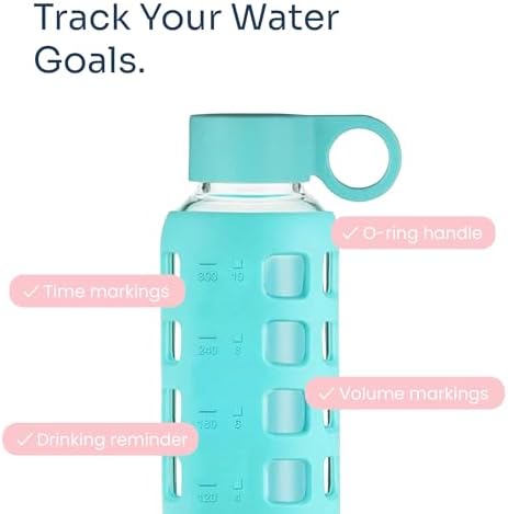 40oz / 32oz / 22oz / 12oz Borosilicate Glass Water Bottle with Time & Volume Markers, Silicone Sleeve, Stainless Steel Lid | Reusable Glass Bottle for Water & Juice