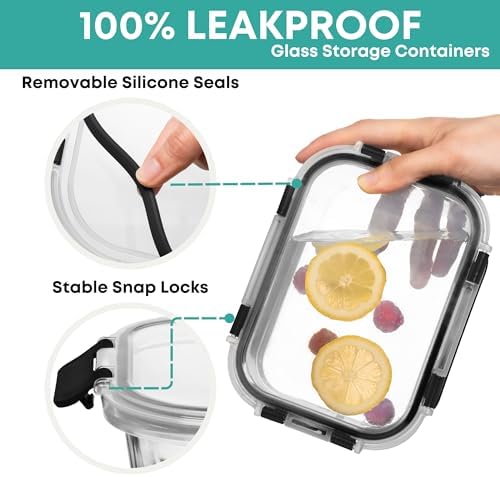 30 PC Glass Food Storage Containers with Lids - Reusable Glass Meal Prep Containers for Lunch and Leftovers - Airtight & Leakproof Snap Locking Lids - Oven, Freezer, Microwave, Dishwasher Safe