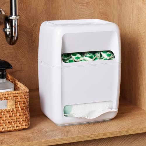 SinkSuite Bag & Pod Dispenser, Standing Garbage Bag and Dishwasher Pod Organizer with Removable Lids for Storage, Speckled White
