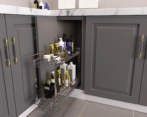 Slide Out Cabinet Organizer for Narrow Cabinet (5" W X 17" D), 2 Tier Pull Out Shelves Slim Sliding Cabinet Organizer and Storage, Chrome