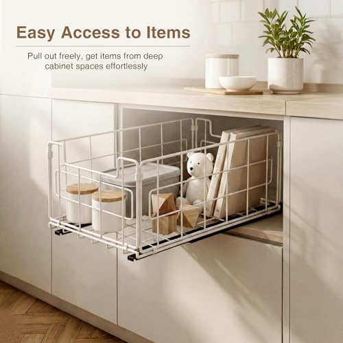 Pull Out Cabinet Sliding Basket Organizer, No Drill, White-2 Pack