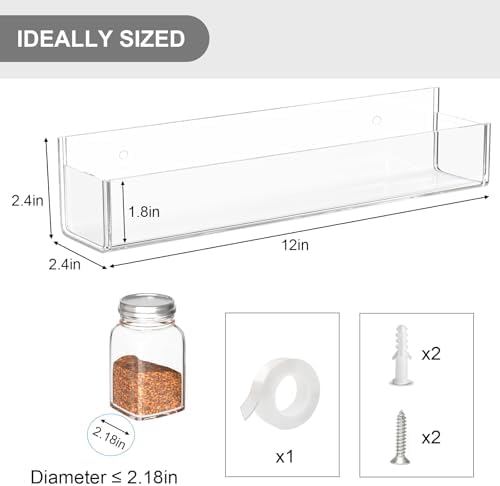 Adhesive Acrylic Spice Rack Organizer for Wall with Nano Double Sided Tape, Spice Shelf Organization for Kitchen Cabinet Door/Pantry Door, Wall Mount Seasoning Rack (Clear-2 Pack)