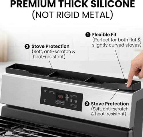 Stove Top Shelf 30 Inch - Silicone Material Magnetic Shelf for Stove - 3 Functional Partitions Kitchen Spice Rack Organizer-Black,Kitchen Gadgets Storage Organization