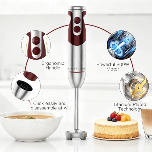 MEGAWISE Immersion Hand Blender 3-in-1, 12-Speed Stick Blender with Turbo, Egg Whisk & Milk Frother for Soups, Sauces, Smoothies and Baby Food, Red - Image 6
