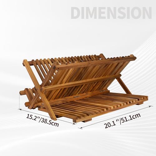 Large Teak Dish Drying Rack, Wood Collapsible Organizer for Plates