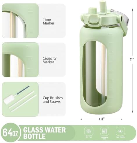 64oz Glass Water Bottles with Straw Time Marker Half Gallon Large Motivational Water Bottle with Silicone Sleeve 2 Liter Large Glass Water Jug for Gym, Sports& Workout, Daily, Green