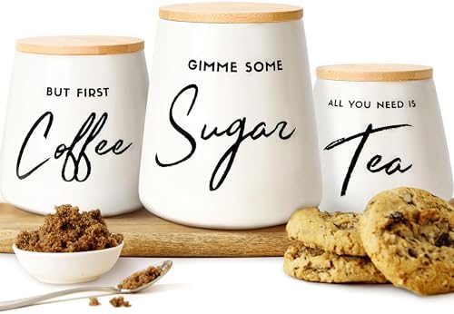 Modern Coffee Tea Sugar Container Set, 3 Ceramic Storage Jars, Off-White