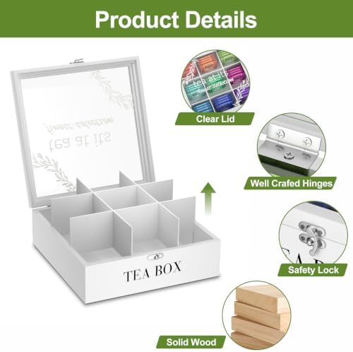Tea Box Organizer,Wooden Tea Storage,Tea Bag Holder with Glass Lid