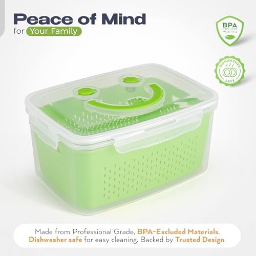 Fruit Storage Containers for Fridge - Set of 4 - Airtight Lid Keeps Fresh - For Fruit & Vegetable Storage - Space-Saving Design - Ideal for Produce, Berries, Snacks - Green