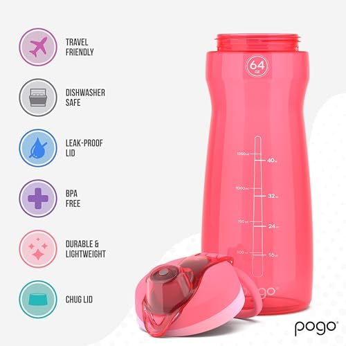 Pogo 64oz Plastic Water Bottle with Chug Lid and Carry Loop, Pink - Image 3