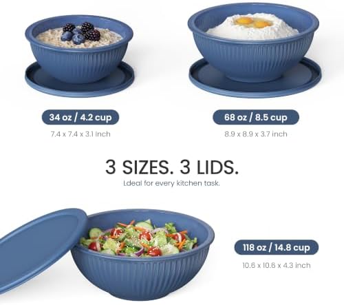 GENICOOK 3 Set Blue Ribbed Glass Mixing Bowls Set with Lids, BPA Free - Image 2