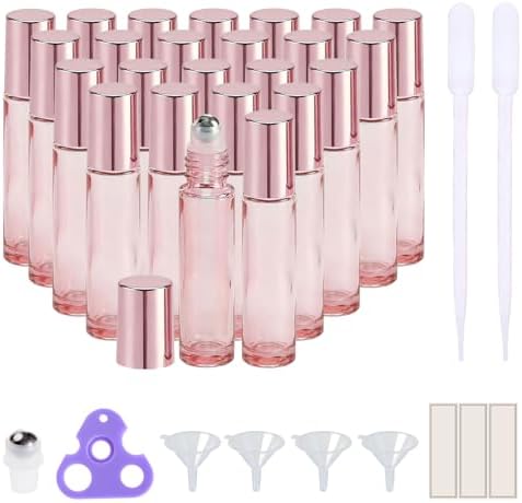 PrettyCare 24 Pack, 10 ml Essential Oil Roller Bottles with Stainless Steel Roller Ball - Refillable Leak-proof Empty Thick Pink Glass Roll on Bottles with Pink Caps for Travel, Perfume by PrettyCare