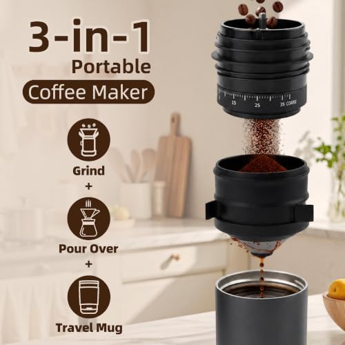 Portable Coffee Maker with 38 Adjustable Grind Pour-Over Dripper