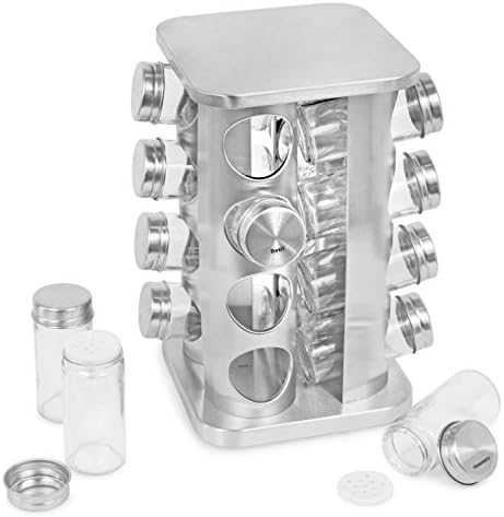 Revolving Spice Rack - Seasoning Storage with 16 Jars - Modern Stainless Steel Spinning Tower for Kitchen Countertop - Rotating Spice and Pantry Holder with Pre-Printed Labels - Square