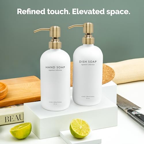 White Glass Soap Dispenser Set, Dish Soap and Hand Soap Dispenser Set with Stainless Steel Pump, 16 oz Glass Dispensers for Kitchen or Bathroom Decor (Matte White Bottle/Brushed Brass)