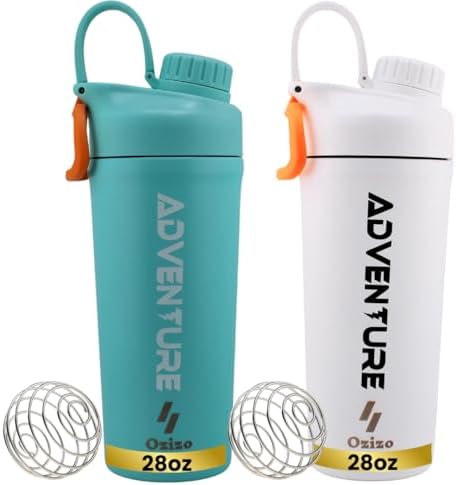 Ozizo 2 Pack Stainless Steel Insulated Protein Shaker Bottle for Protein Mixes, 28oz Leak Proof Shaker Cup with Wire Whisk Ball, White and Blue by Ozizo