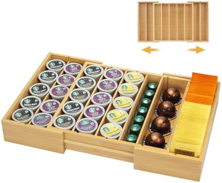 Bamboo K Cup Holder for Drawer or Countertop Coffee Pod Holder Expandable K Cup Pod Storage Tea bag organizer K Cup Storage for Coffee Station Home Office and Kitchen, Natural