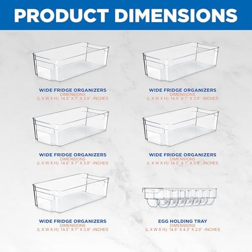 Refrigerator Organizer Bins 6-Piece - Plastic Storage Bins with Egg Holder - For Fridge, Freezer, Kitchen, Cabinet, Countertops, Pantry - Stackable Food & Drink Containers, 14.5"x7" - Clear