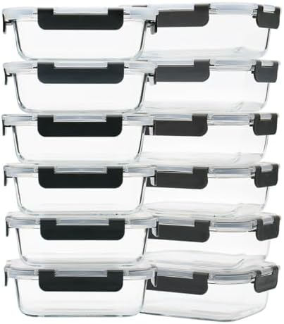 12 Pack, 22 oz Glass Meal Prep Containers with Lids, Gray Set
