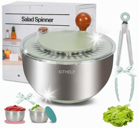 KITHELP Stainless Steel Salad Spinner Large, Vegetables Fruits Wash Bowl with Strainer, Lettuce Spinner Dryer for Efficient Salad Preparation 5.3Qt by KITHELP