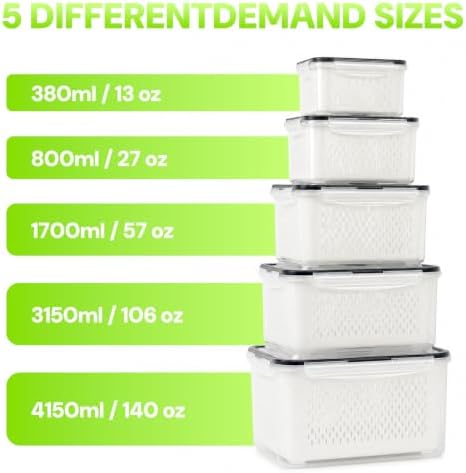 5 PCS Fruit Storage Containers for Fridge with Removable Colander