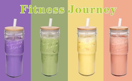 Glass Cups With Lids And Straws, Leakproof Tumbler 24oz Mason Jar Coffee Cup, Cap Cup Leak-Proof with Straw, Reusable Iced Coffee Smoothie Matcha Cup Aesthetic Coffee Gifts Women 4pc