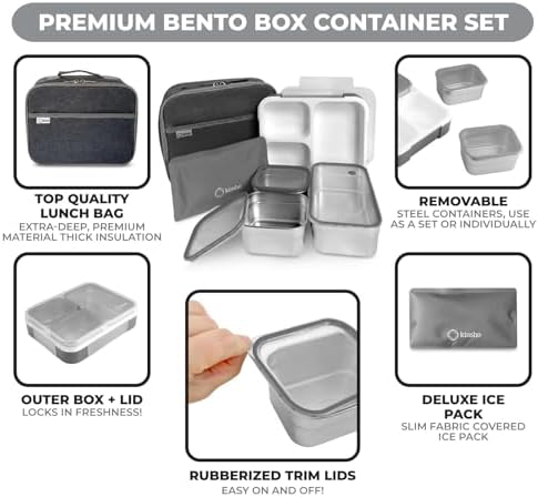 Stainless Steel Big Bento Lunch Box Set For Adults, Kids - Insulated Bag and Ice Pack - Large Leak-Proof Metal Compartment Meal Prep Food & Snack Containers for Work Travel School, 42 oz Grey Black
