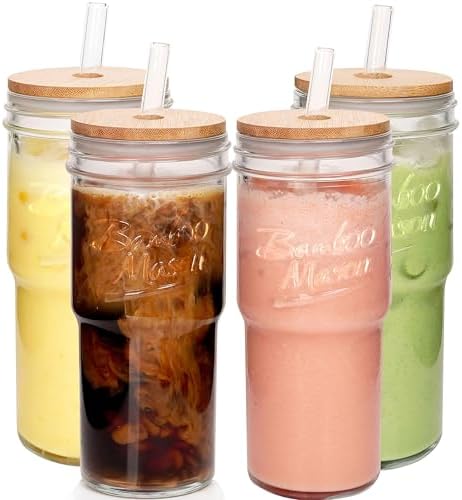 Glass Cups With Lids And Straws, Leakproof Tumbler 24oz Mason Jar Coffee Cup, Cap Cup Leak-Proof with Straw, Reusable Iced Coffee Smoothie Matcha Cup Aesthetic Coffee Gifts Women 4pc