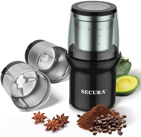 Secura Electric Coffee and Spice Grinder, 2 Removable Bowls, Black by Secura