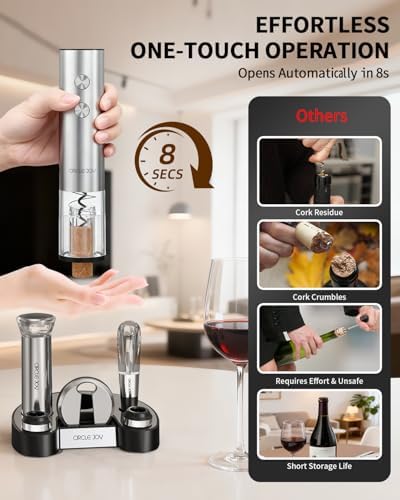 Electric Wine Bottle Opener Set Stainless Steel Rechargeable Wine Opener 8-in-1 Wine Gift Set with Charging base, Foil Cutter, Wine Aerator Pourer, Vacuum Pump & 2 Wine Stoppers, Silver