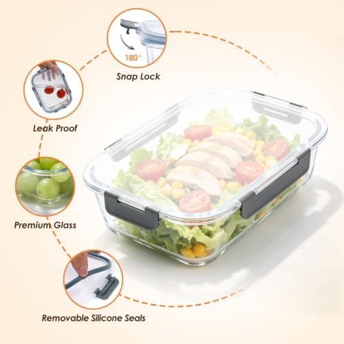 5 Pack 36oz Glass Storage Containers with Lids, Grey