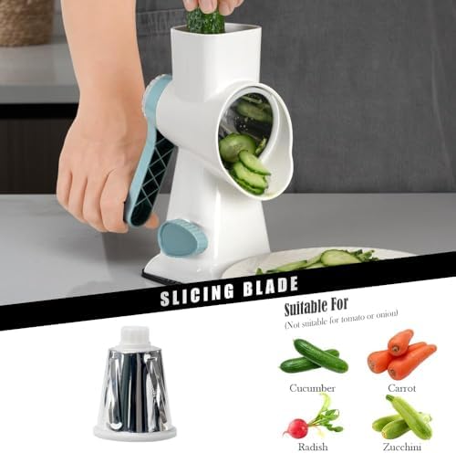 Badelite Cheese Grater Hand Crank Rotating Cheese Shredder Stainless Steel Vegetable Slicer Grater for Kitchen 3 Blades for Cheese, Carrot, Cucumber, Nuts, Chocolate, White - Image 2