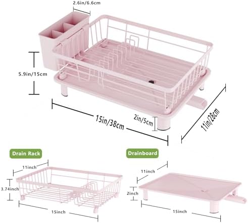 Dish Drainer Rack with Drip Tray, Sink Dish Drainer with Drainage Spout, Stainless Steel Dish Drying Rack with Cups, Utensil & Cutting Board Holders for Kitchen Counter Space-Saving, Pink