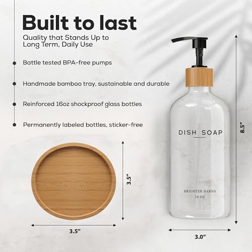 Clear Glass Dish Soap Dispenser - Kitchen Sink Set With Bamboo Tray - Modern Decor and Accessories, Minimalist Neutral Home (Clear)