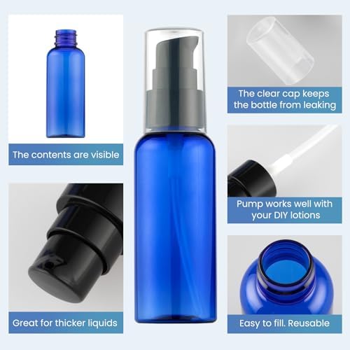 10pcs Travel Pump Bottles for Toiletries, 2oz Small Plastic Refillable Soap Dispenser with Black Pump for Lotion Shampoo Oil, Blue - Image 2