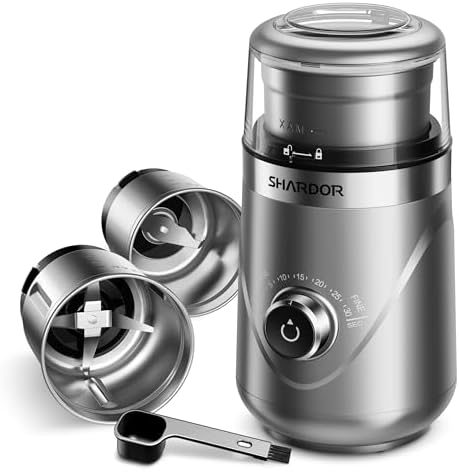 SHARDOR Electric Super Silent Blade Coffee Grinder, Timed Grind Control Rotary Knob, Adjustable Coarse to Fine for Coffee Beans, Spices & Herbs, with 2 Removable Stainless Steel Bowl, Sliver by Shardor