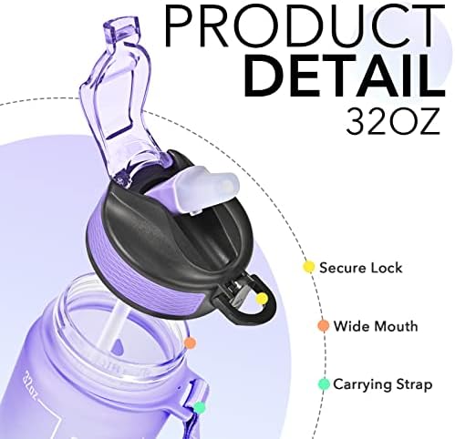 Water Bottle with Straw & Time Marker, Plastic 32oz Leakproof