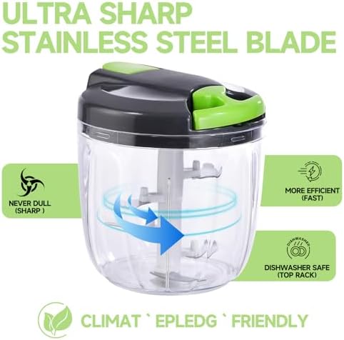 Manual Food Processor Vegetable Chopper, Portable Hand Pull String Garlic Mincer Onion Cutter for Veggies, Ginger, Fruits, Nuts, Herbs, etc., （900ml,Gray-green）