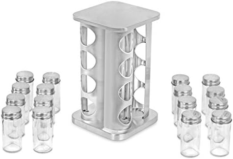 Revolving Spice Rack - Seasoning Storage with 16 Jars - Modern Stainless Steel Spinning Tower for Kitchen Countertop - Rotating Spice and Pantry Holder with Pre-Printed Labels - Square