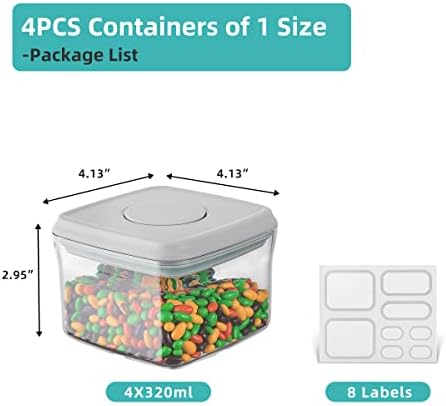 Airtight Container Set - (380ml 4 Pcs) Stackable One Button Openning Food Containers for Snacks Candy Salt Herbs Spices BPA-Free Tranparent (0.32 QT * 4)