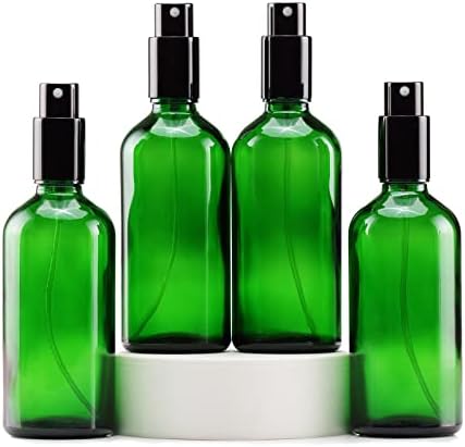 YIZHAO Green Glass Spray Bottles 4oz, with Small Fine Mist Spray, Metal Cap, Refillable for Essential Oil,Travel,Cleaning,Perfume,Aromatherapy,Makeup – 4 Pcs by YizhaoGlassSprayandDropperBottles